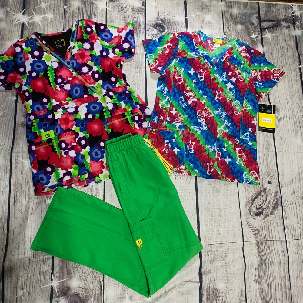 NWT WINK LIME GREEN SCRUB PANTS & (2) PATTERN TOPS